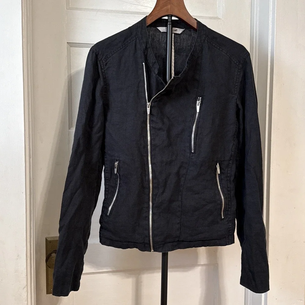 Zara Man Small Black Biker Jacket Zippers Full Zip Pockets 100% Linen